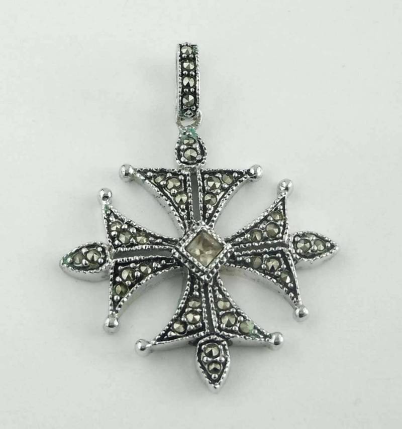 Jahrgang Markasit Und Bernstein Cz Verziert Malteser Kreuz Anhänger Aus Silber Mit 18. Kette Halskette von ThisArtGallery