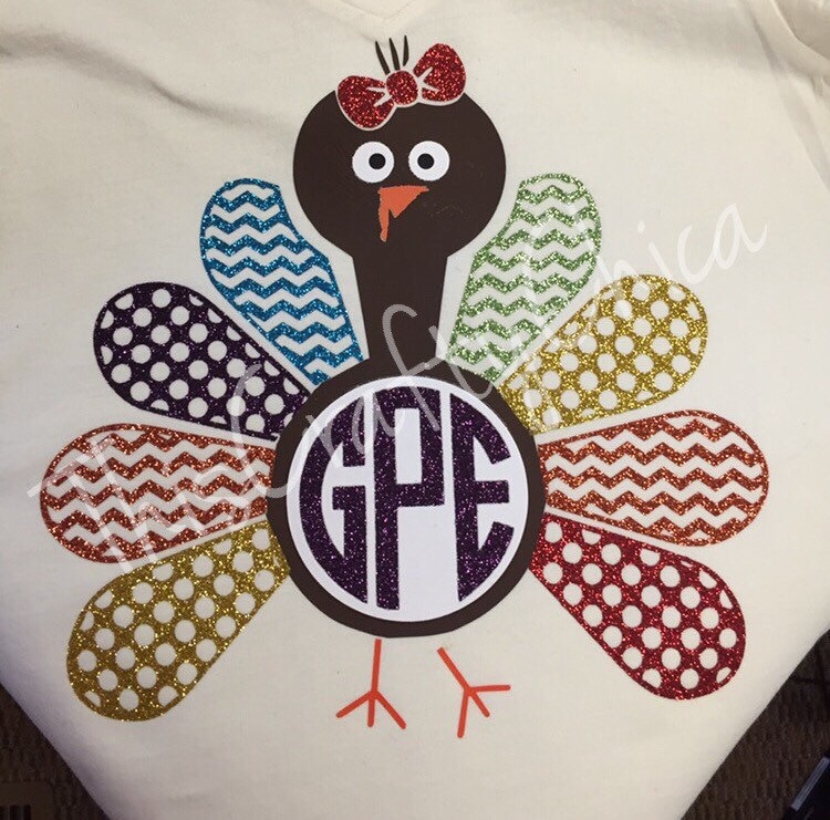 Personalisiertes Thanksgiving Langarm Tshirt Monogramm Truthahn Glitzer Mädchen von ThisCraftyChica