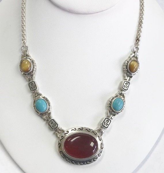 Ba Suarti Sterling Silber Cabachon Geschnitten Lünette Set Türkis, Rot Karneol, Jaspis Und Tiger Auge Detaillierte Link Kette 925 Ba Suarti Sterling Silber Cabachon Geschnitten Lünette Set Türkis, Rot Karneol, Jaspis Und Tiger Auge Detaillierte Link Kette 925 von ThisandThat865