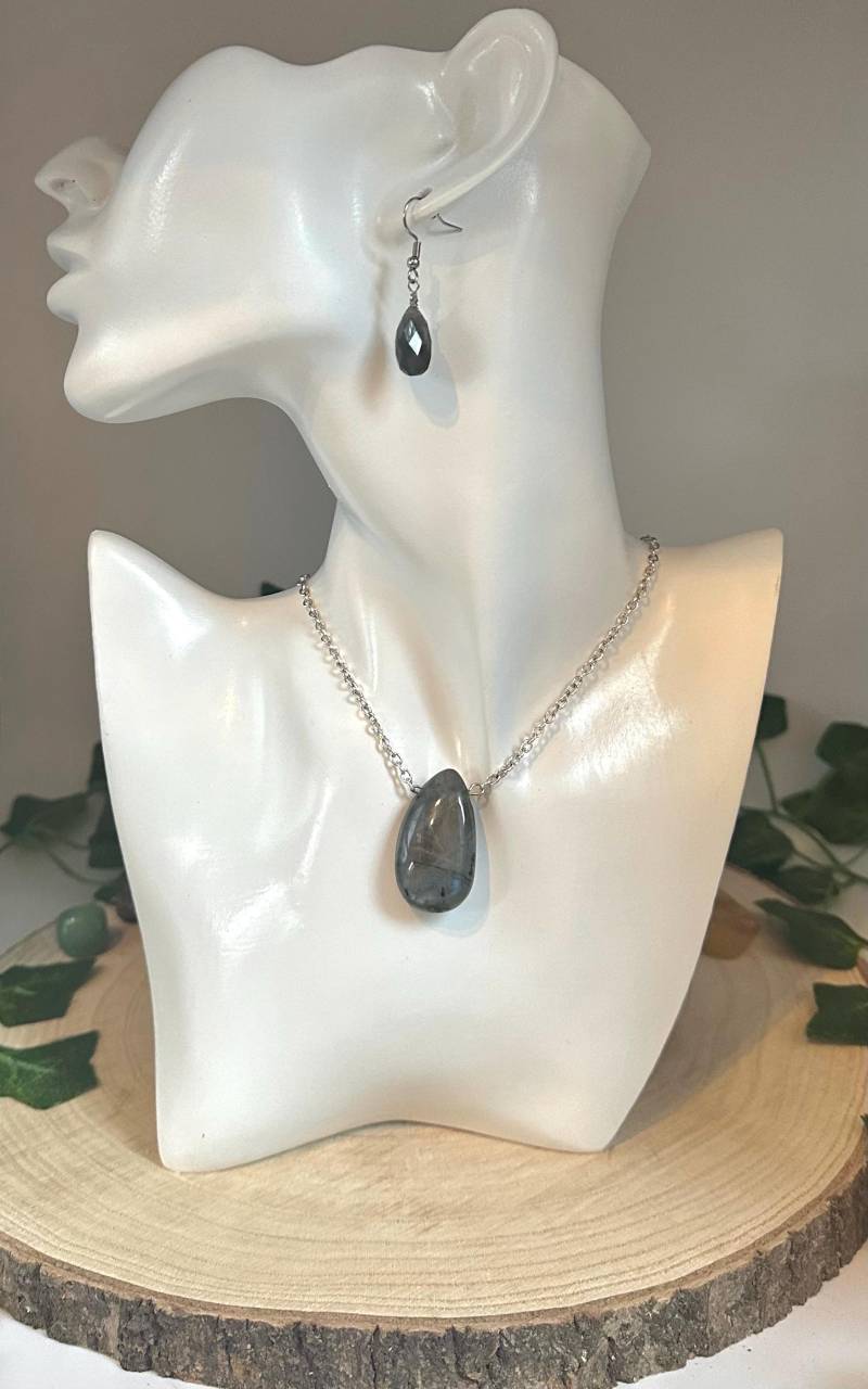 Labradorit Schmuck Set - Kette & Ohrringe Mit Flash | Handgemachter Edelstein Edelstahl Geschenk Für Sie von Thisisthegemstoneway