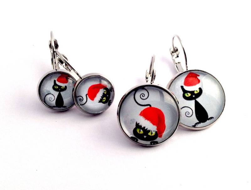 Cabochon-Ohrringe Schwarze Katze Und Weihnachtsmütze von Thisliacreations