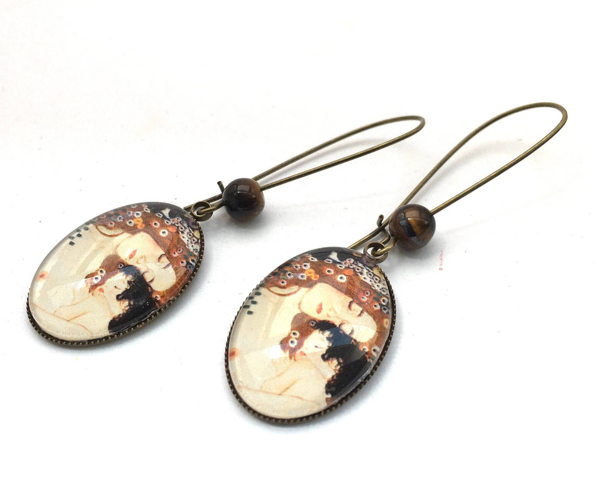 Ovale Ohrringe, Cabochons, Gustave Klimts Mutter Und Kind, Tigeraugenperlen von Thisliacreations