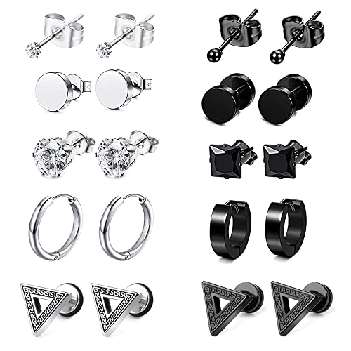 Thokono 10paar Ohrringe Set Edelstahl für Herren Damen, Allergiefrei Ohrstecker Stecker Creolen Zirkonia Ohrstecker Set Fake Plugs Ohrschmuck Hoop Piercing Ohrring Unisex Schwarz Silber von Thokono