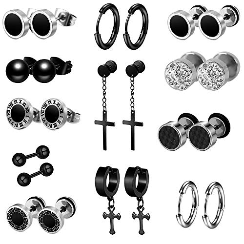 Thokono 12 Paare Creolen Ohrringe Set Edelstahl für Damen männer, modeschmuck Ohrstecker Stecker Ohrschmuck Runder Coole Hoop Piercing ohrring kreuz set Silber Schwarz von Thokono