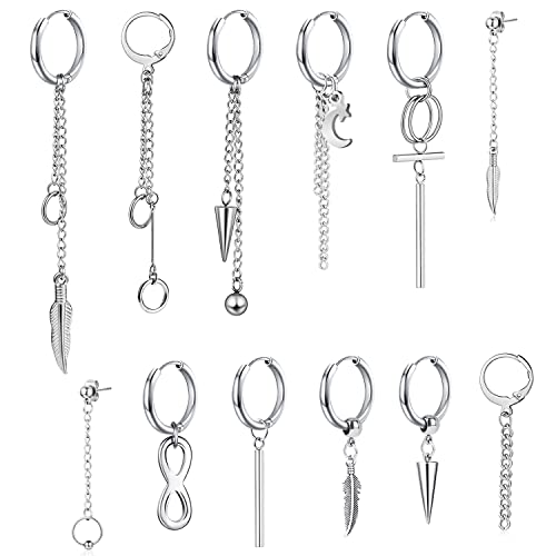 Thokono 12Stücke Hoop Dangle Ohrringe Edelstahl Baumeln Klappbare Creolen Langkettiger Anhänger Kpop Ohrring Creolen Hängende Ohrringe mit kette Gothic Kreuz Kpop Lange Kette von Thokono