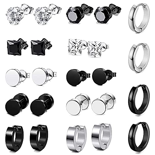 Thokono 12paar Ohrringe Set Edelstahl für Herren Damen, Allergiefrei Ohrstecker Stecker Creolen Zirkonia Ohrstecker Set Fake Plugs Ohrschmuck Hoop Piercing Ohrring Unisex Schwarz Silber von Thokono