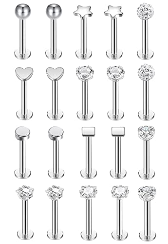 Thokono 16G Chirurgenstahl Lippenpiercing Stud Labret Piercing Tragus Helix Piercing Lippen Retainer Piercing Schmuck mit Diamond CZ für Damen Herren 8MM Stab 20 Stück von Thokono