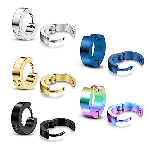 Thokono 5 Paare Huggie Creolen Ohrringe Set Edelstahl für Damen Herren, Allergiefrei Ohrstecker Creolen Ohrringe, 14mm Runder Coole Hoop Piercing Ohrring set von Thokono