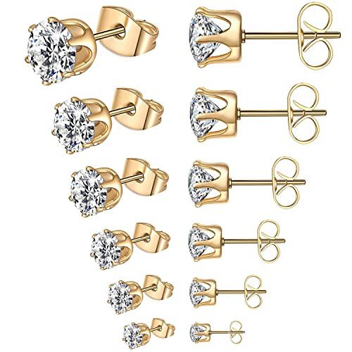 Thokono 6 Paar Ohrringe Ohrstecker Set Edelstahl Hypoallergene Sparkling CZ Diamant Ohrstecker Zirkonia Ohrstecker Ohrring Stecker für Damen Herren Mädchen Männer 3mm-8mm Golden von Thokono