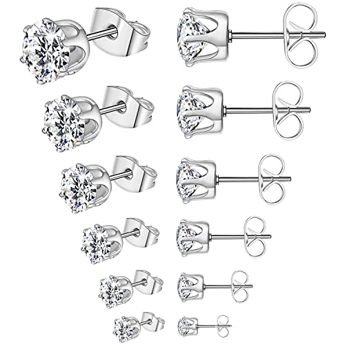 Thokono 6 Paar Ohrringe Ohrstecker Set Edelstahl Hypoallergene Sparkling CZ Diamant Ohrstecker Zirkonia Ohrstecker Ohrring Stecker für Damen Herren Mädchen Männer 3mm-8mm Silber von Thokono