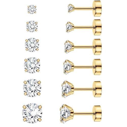 Thokono 6 Paar Ohrringe Ohrstecker Set Edelstahl Hypoallergene Sparkling CZ Diamant Ohrstecker Zirkonia Ohrstecker Ohrring Stecker für Damen Herren Mädchen Männer Golden 3mm-8mm von Thokono