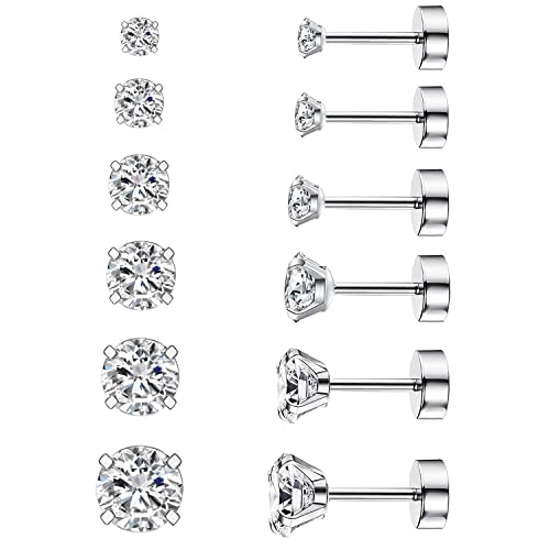 Thokono 6 Paar Ohrringe Ohrstecker Set Edelstahl Hypoallergene Sparkling CZ Diamant Ohrstecker Zirkonia Ohrstecker Ohrring Stecker für Damen Herren Mädchen Männer Silber 3mm-8mm von Thokono