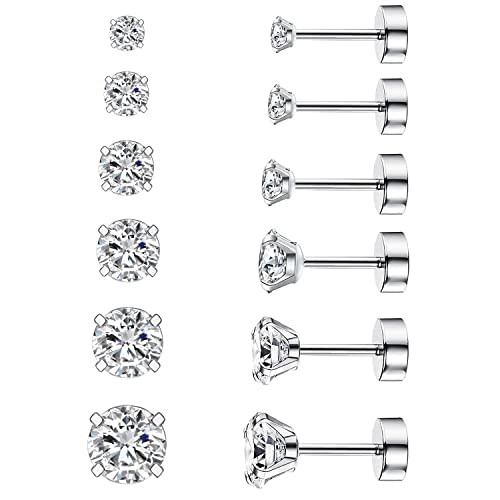 Thokono 6 Paar Ohrringe Set Edelstahl Hypoallergene Sparkling CZ Diamant Ohrstecker Zirkonia für Damen Herren Mädchen Männer Silber 3mm-8mm von Thokono