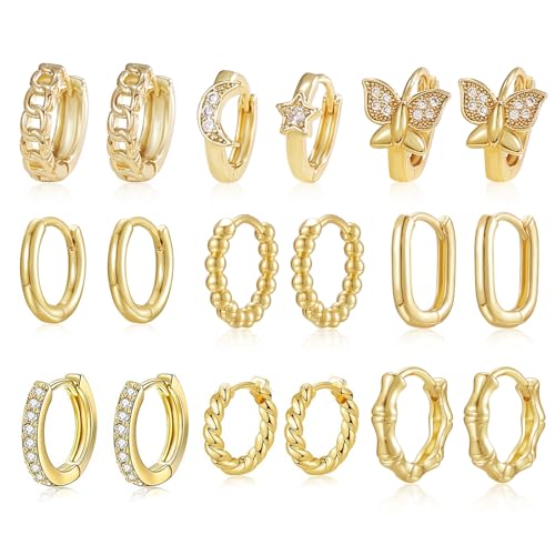 Gold Creolen Ohrringe, Thonoko 9 Paar Vergoldete, hypoallergene Knorpel-Ohrringe im Multi-Style Set von Thokono