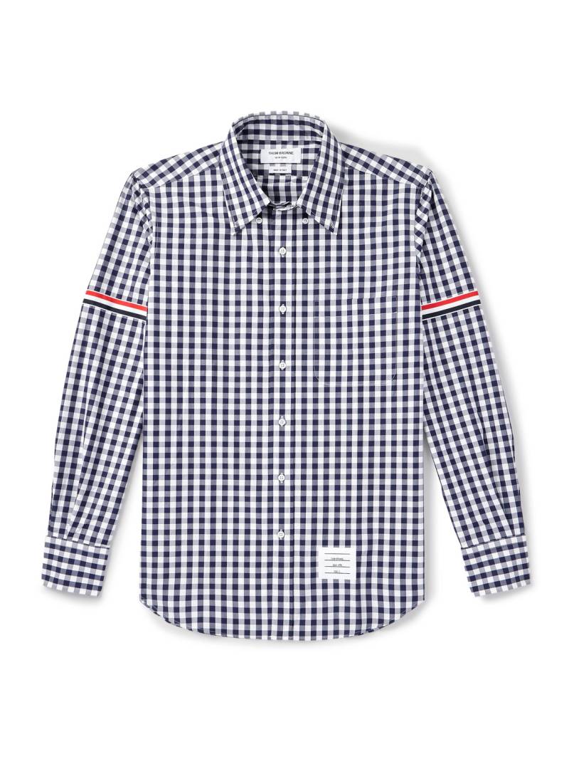 Thom Browne - Button-Down Collar Logo-Appliquéd Webbing-Trimmed Gingham Cotton-Poplin Shirt - Men - Blue - 4 von Thom Browne