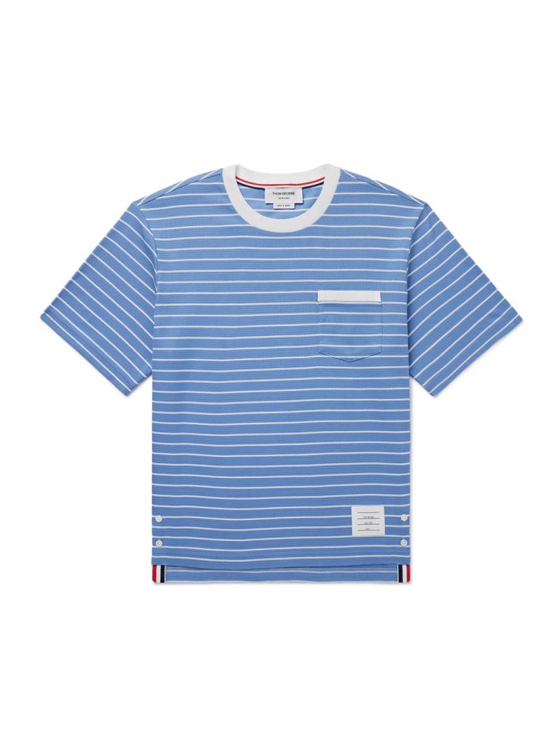 Thom Browne - Logo-Appliquéd Striped Cotton-Jersey T-Shirt - Men - Blue - 3 von Thom Browne