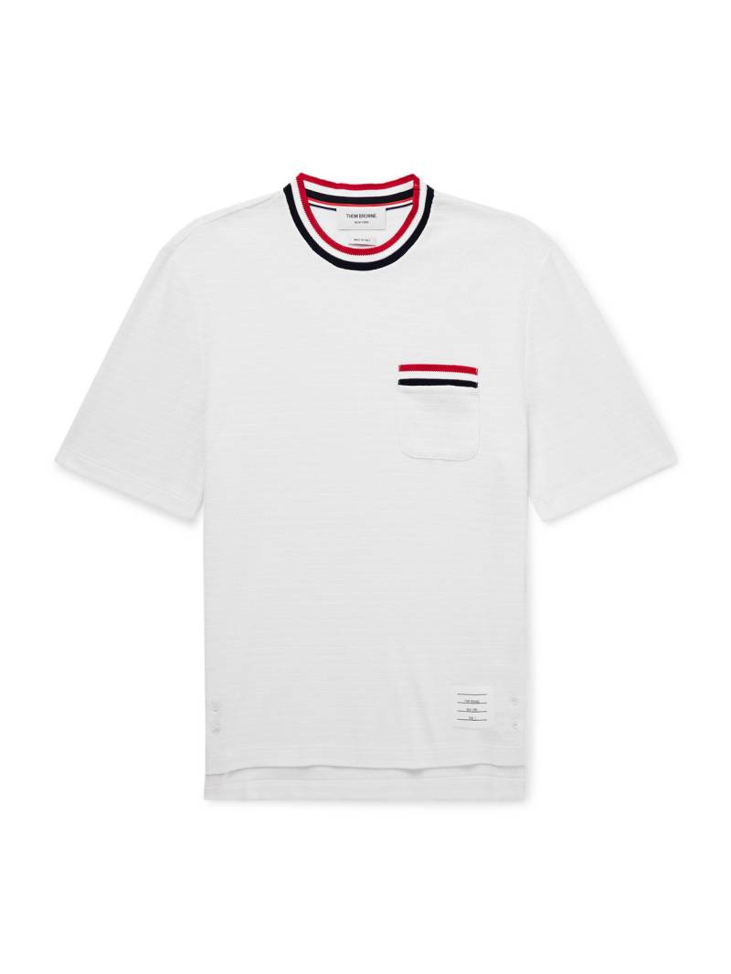 Thom Browne - Logo-Appliquéd Striped Pointelle-Knit Cotton T-Shirt - Men - White - 2 von Thom Browne