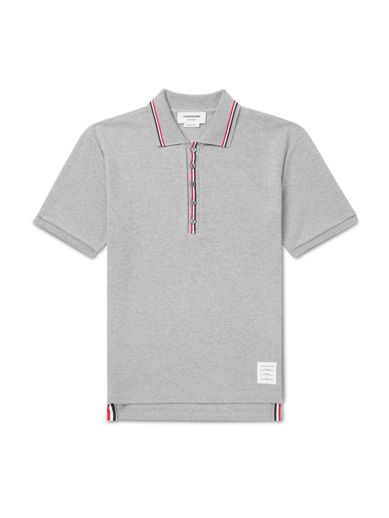 Thom Browne - Logo-Appliquéd Striped Waffle-Knit Cotton Polo Shirt - Men - Gray - 2 von Thom Browne