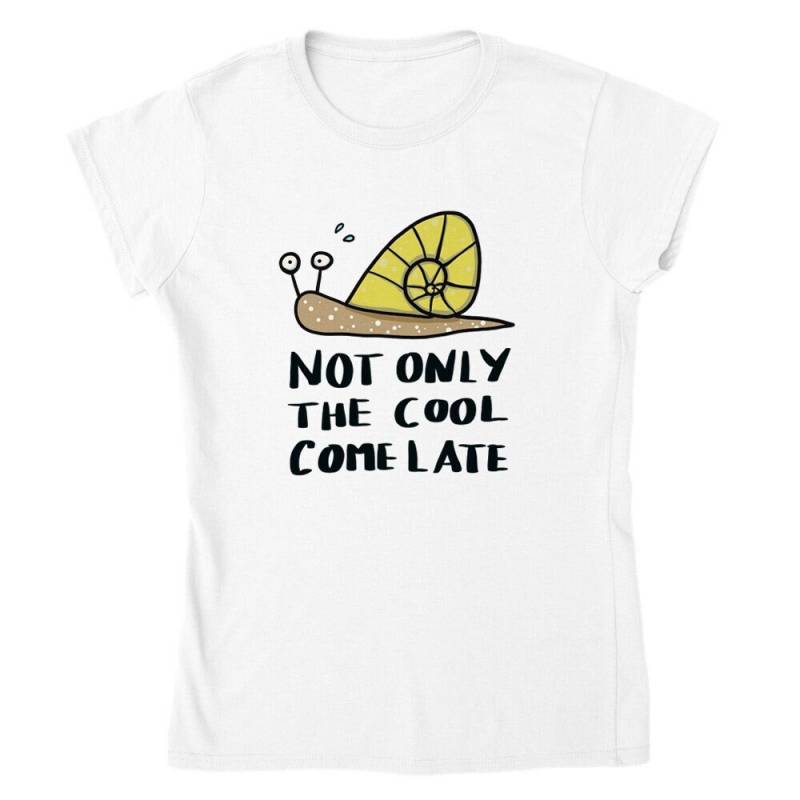 Bedrucktes Baumwolltshirt Mit Witziger Schnecke/Not Only The Cool Come Late Tailliertes Damen-T-Shirt Rundhalsausschnitt Bedrucktes Baumwolltshirt Mit Witziger Schnecke/Not Only The Cool Come Late Tailliertes Damen-T-Shirt Rundhalsausschnitt von ThomaeArt