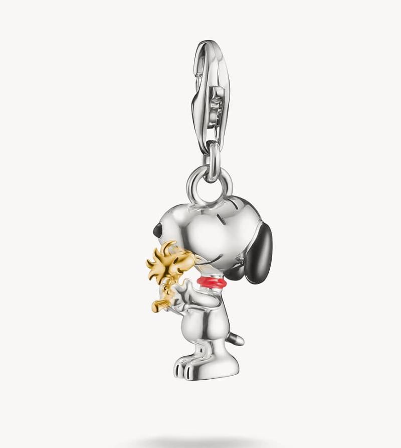 Thomas Sabo - 18-karätig vergoldete Snoopy & Woostock-Friends Charm-Anhänger im Original Peanuts-Design aus Silber mit Details in Schwarz, Rot und Gold von Thomas Sabo