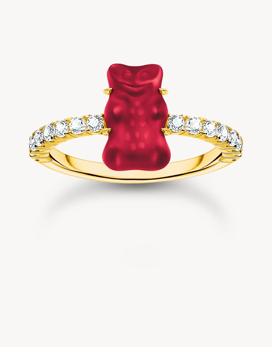 Thomas Sabo - Goldfarbener Ring mit weißen Schmucksteinen und rotem Gummibär-Design von Thomas Sabo