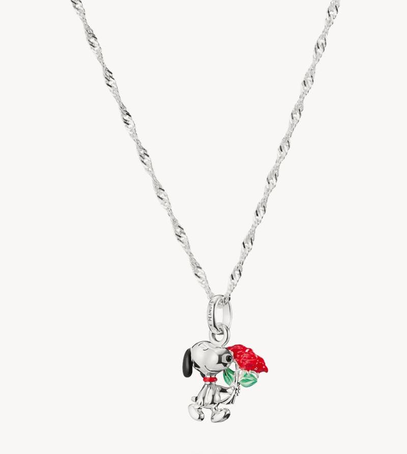 Thomas Sabo - Peanuts - Silberfarbene Halskette mit Snoopy-Rose-Anhänger in Silberoptik, Schwarz, Rot und Grün von Thomas Sabo