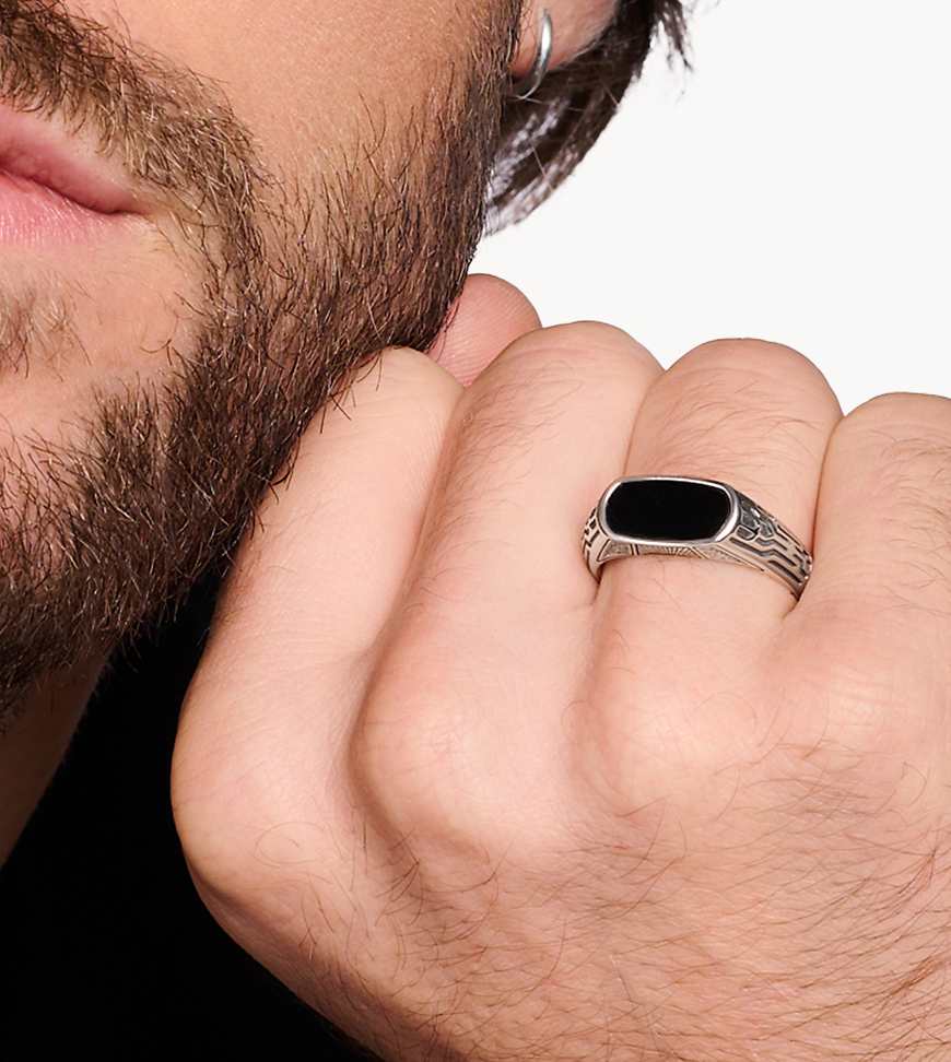 Thomas Sabo - Silberfarbener Ring mit Lebensweg-Design und schwarzem Schmuckstein von Thomas Sabo
