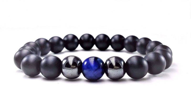 Herren Matt Schwarz Onyx Blau Tigerauge Armband, Silber Hämatit, Perlen Stretch Armband Für Männer, Mann Perlenarmband von ThommyThaiJewelry