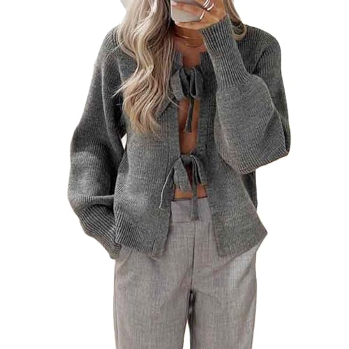 Damen Y2k Strickjacke mit Schnürung vorne, langärmelig, Rundhalsausschnitt, vorne offen, lässig, bauchfrei, Grau #A, X-Large von Thopavenoir