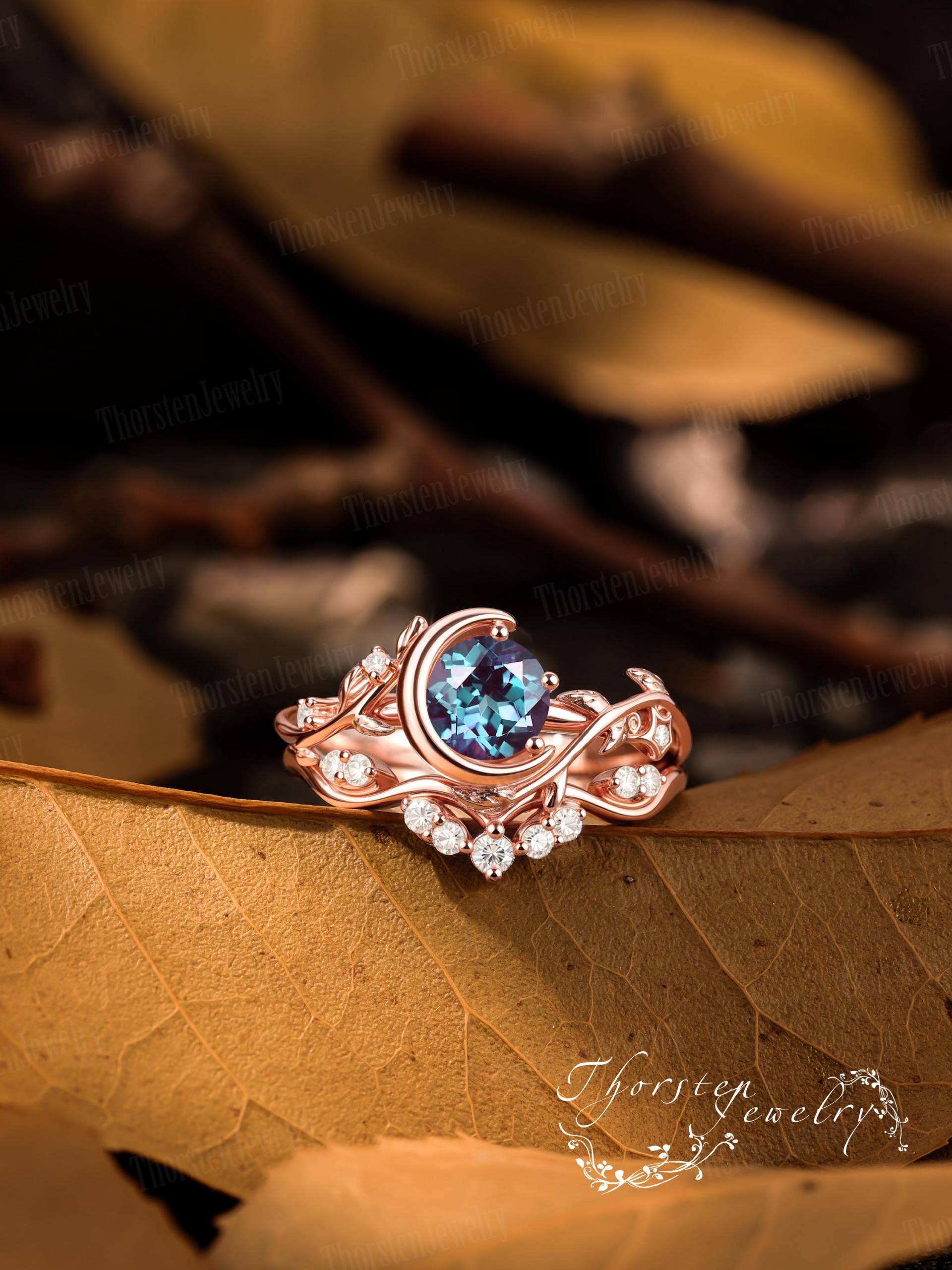 Alexandrite Engagement Ring Sets Solid Rose Gold Promise Moon Bridal Colour Changing Stone Leaf Art Deco Gift For Her Alexandrite Engagement Ring Sets Solid Rose Gold Promise Moon Bridal Colour Changing Stone Leaf Art Deco Gift For Her von ThorstenOpos