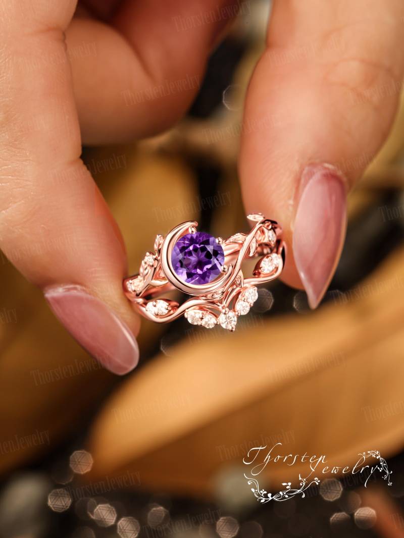 Amethyst Engagement Ring Sets Solid Rose Gold Promise Moon Bridal Leaf Art Deco Handmade Jewelry Gift For Her Amethyst Engagement Ring Sets Solid Rose Gold Promise Moon Bridal Leaf Art Deco Handmade Jewelry Gift For Her von ThorstenOpos