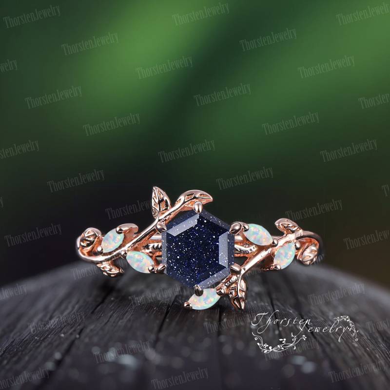 Art Deco Hexagon Cut Blue Sandstone Engagement Ring Vintage Leaf Promise Bridal Nature Inspired Cluster Handmade Jewelry Gift von ThorstenOpos
