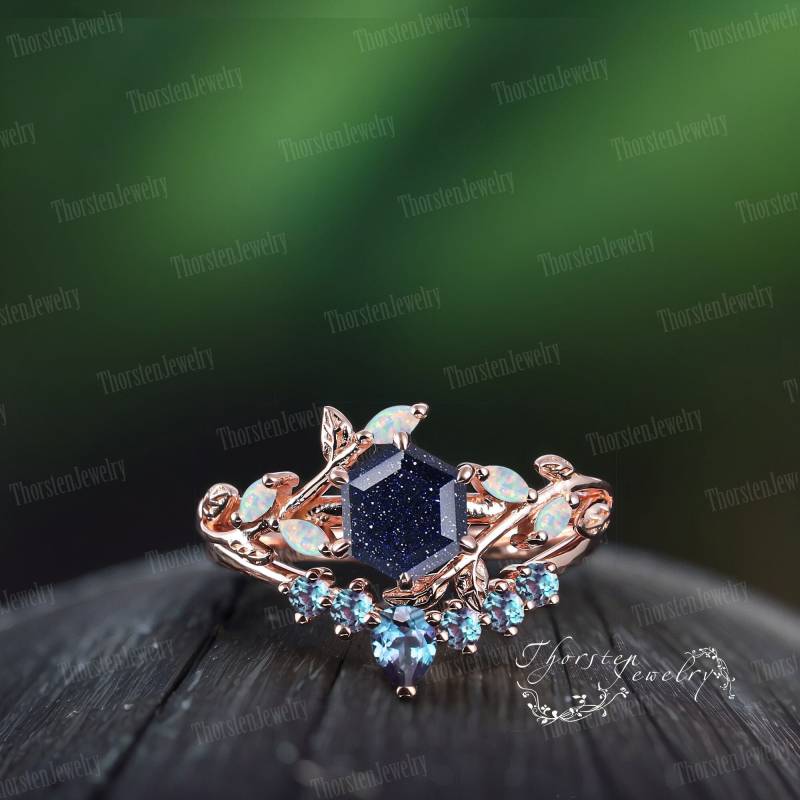 Art Deco Hexagon Cut Blue Sandstone Engagement Ring Vintage Leaf Promise Bridal Sets Nature Inspired Cluster Handmade Jewelry Gift von ThorstenOpos