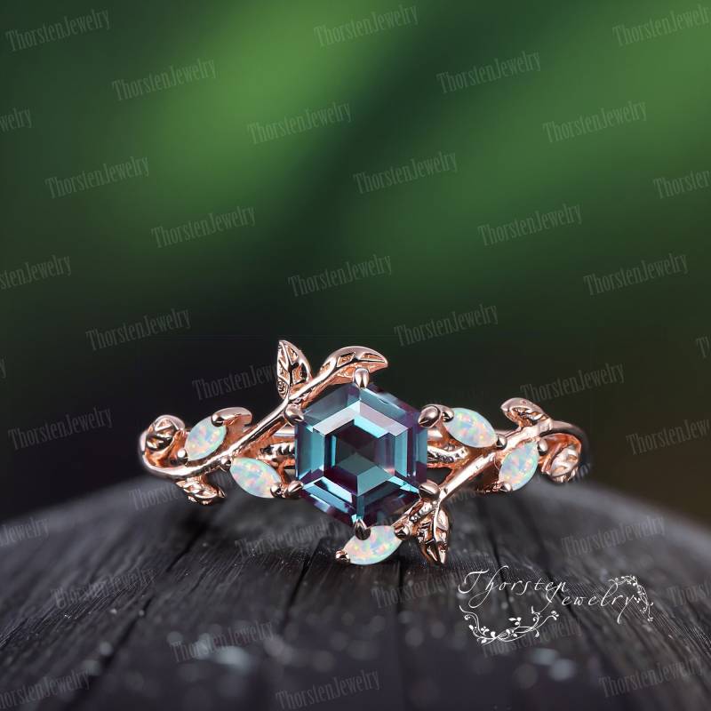 Art Deco Ring Hexagon Cut Alexandrite Engagement Rose Gold Bridal Leaf Promise Nature Inspired Cluster Women Jewelry von ThorstenOpos