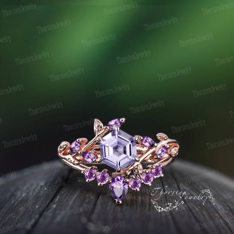 Art Deco Ring Hexagon Cut Lavender Amethyst Engagement Sets Rose Gold Bridal Vintage Leaf Promise Cluster Women Jewelry Gifts von ThorstenOpos