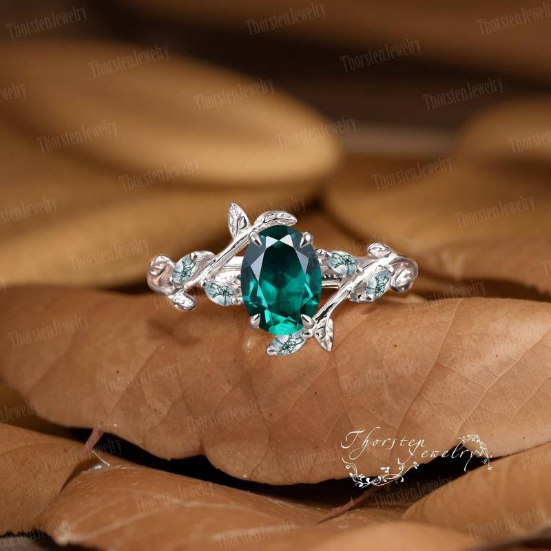 Art Deco Ring Oval Emerald Engagement White Gold Bridal Vintage Leaf Promise Nature Inspired Cluster Women Jewelry von ThorstenOpos
