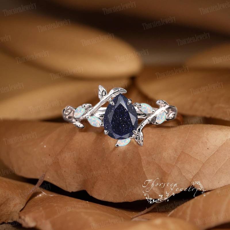 Art Deco Ring Pear Blue Sandstone Engagement Vintage Leaf Promise Bridal Nature Inspired Cluster Handmade Jewelry Gifts von ThorstenOpos