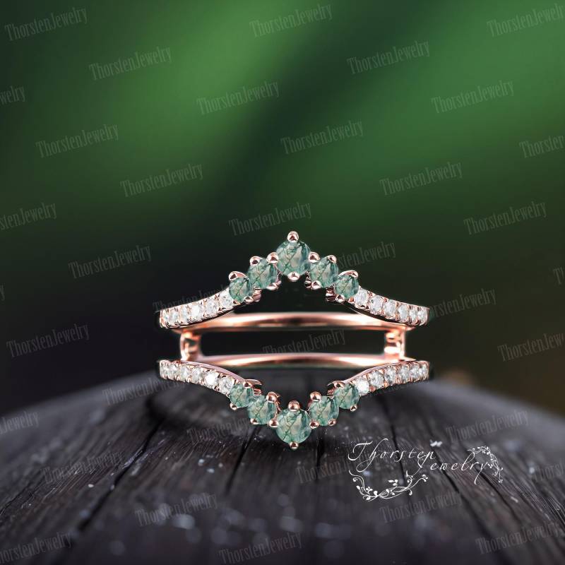 Enhancer Wedding Band Moss Agate Vintage Double Curved Rose Gold Stacking Matching Bridal Ring Promise For Women von ThorstenOpos