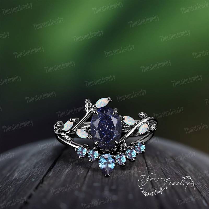 Gothic Black Gold Oval Blue Sandstone Engagement Ring Sets Bridal Galaxy Starry Sky Art Deco Nature Inspired Leaf Promise von ThorstenOpos