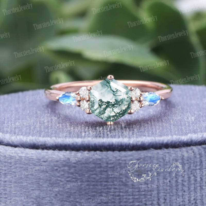 Hexagon Cut Moss Agate Engagement Ring 14K Rose Gold Promise Vintage Moonstone Art Deco Cluster Anniversary Gifts For Women von ThorstenOpos