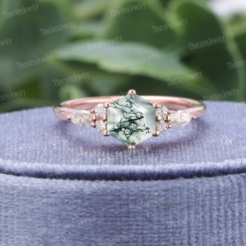 Hexagon Cut Moss Agate Engagement Ring | Unique Rose Gold Wedding Vintage Cluster Diamond Promise Anniversary Gift von ThorstenOpos