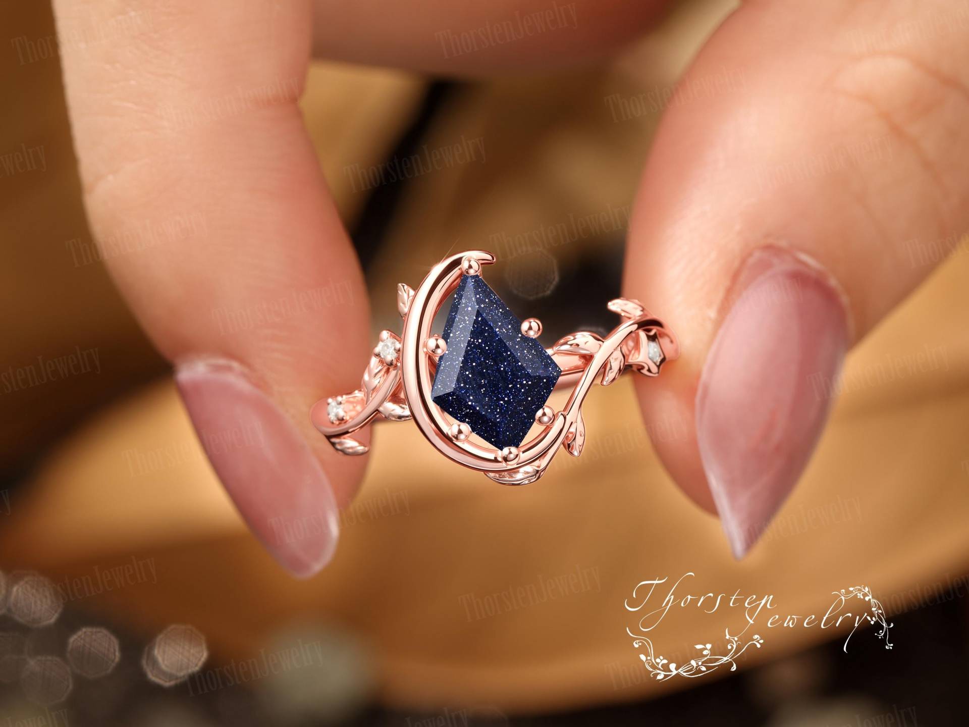 Kite Cut Blue Sandstone Engagement Ring Solid Rose Gold Promise Moon Bridal Leaf Art Deco Handmade Jewelry Gift For Her von ThorstenOpos