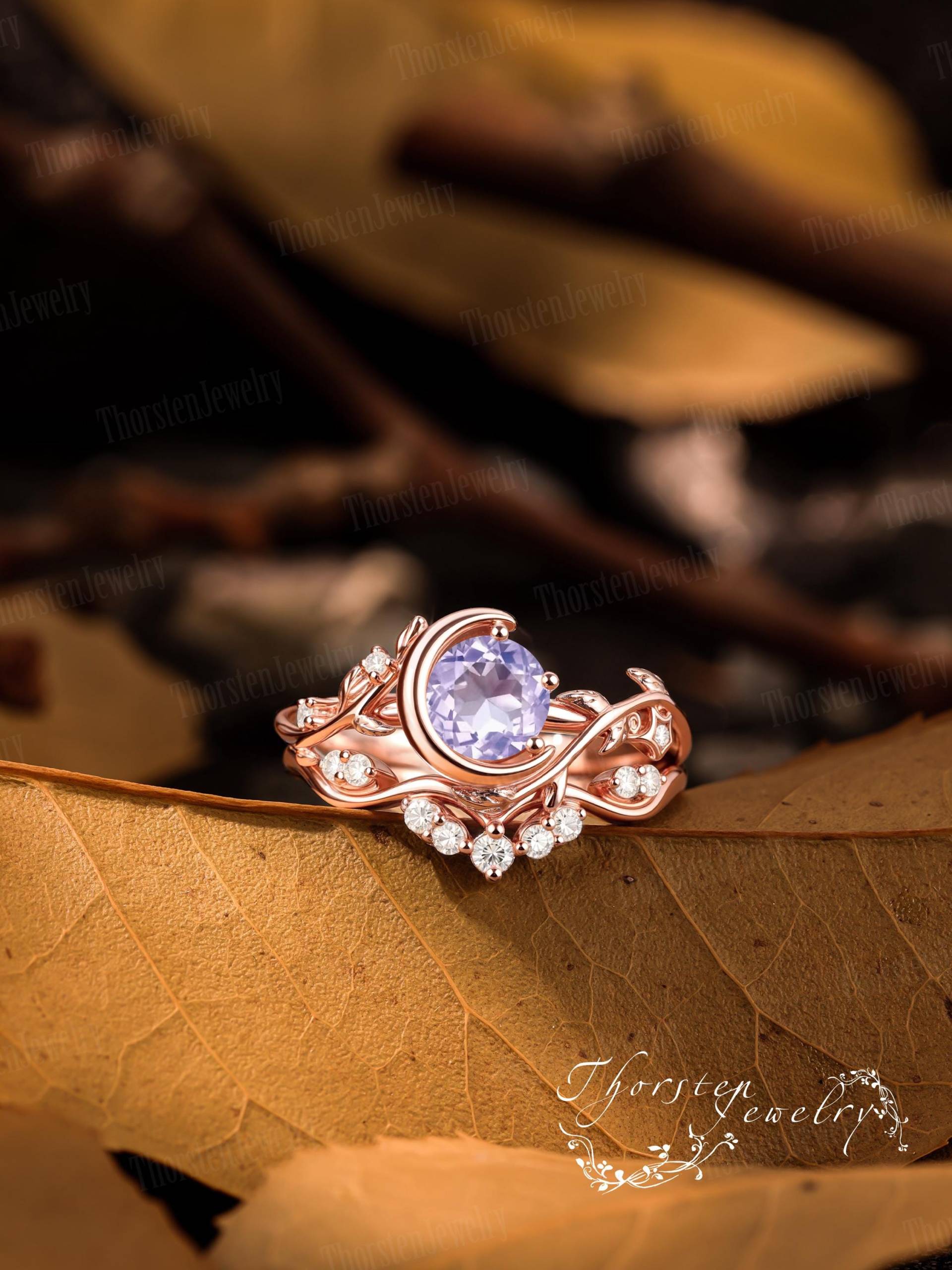 Lavender Amethyst Engagement Ring Sets Solid Rose Gold Promise Moon Bridal Leaf Art Deco Handmade Jewelry Gift For Her von ThorstenOpos