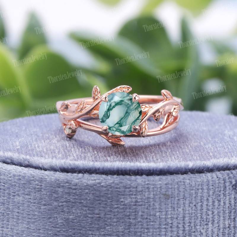 Moss Agate Engagement Ring Set | Art Deco Rose Gold For Women Leaf Wedding Bridal Ring| Unique Anniversary Promise von ThorstenOpos