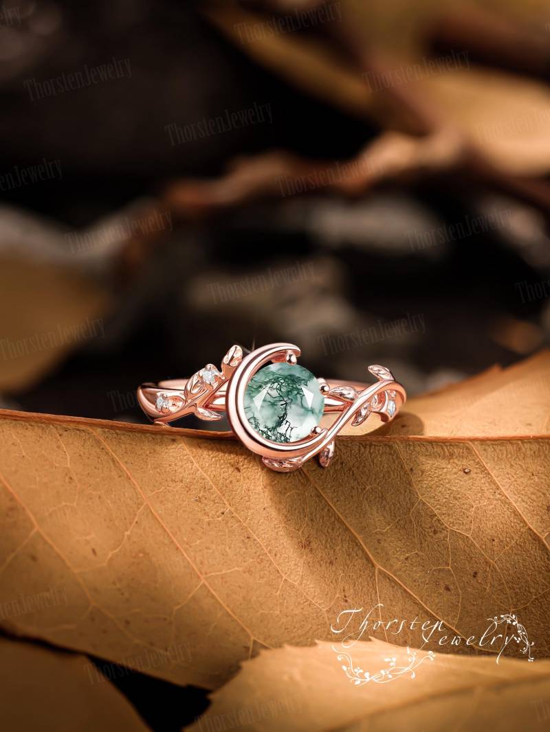 Moss Agate Engagement Ring Solid Rose Gold Promise Moon Bridal Leaf Vintage Art Deco Handmade Jewelry Gift For Her von ThorstenOpos