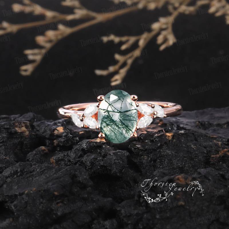 Moss Agate Engagement Ring | Unique Rose Gold Wedding Vintage Oval Cut Cluster Diamond Promise Anniversary Gift von ThorstenOpos