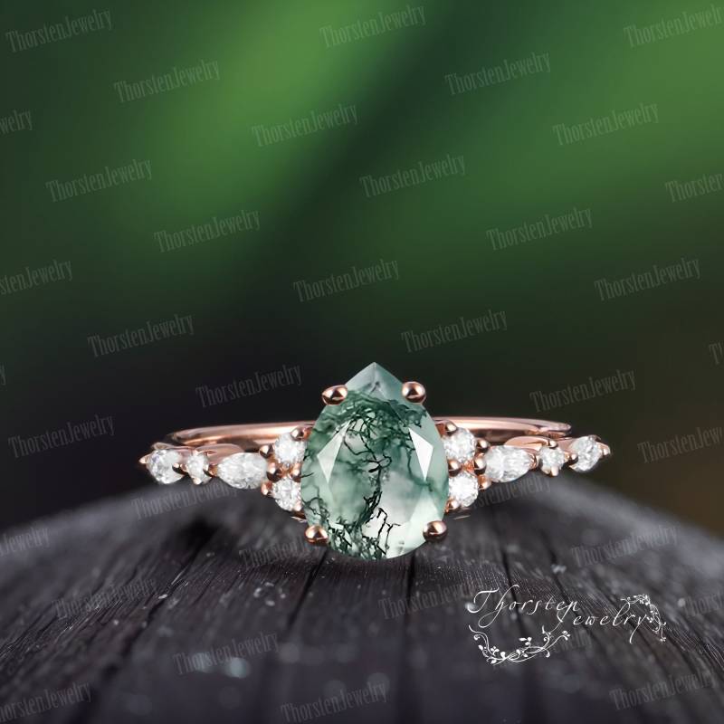 Moss Agate Engagement Ring | Unique Rose Gold Wedding Vintage Pear Cut Cluster Diamond Promise Anniversary Gift von ThorstenOpos