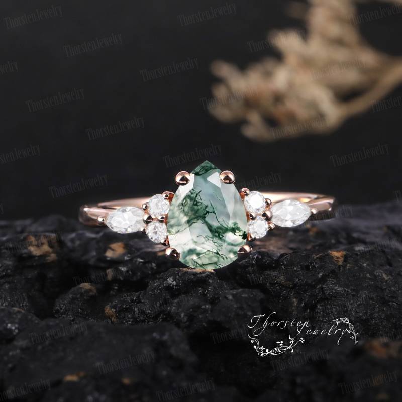 Moss Agate Engagement Ring | Vintage Unique Rose Gold Wedding Pear Cut Cluster Diamond Promise Anniversary Gift von ThorstenOpos