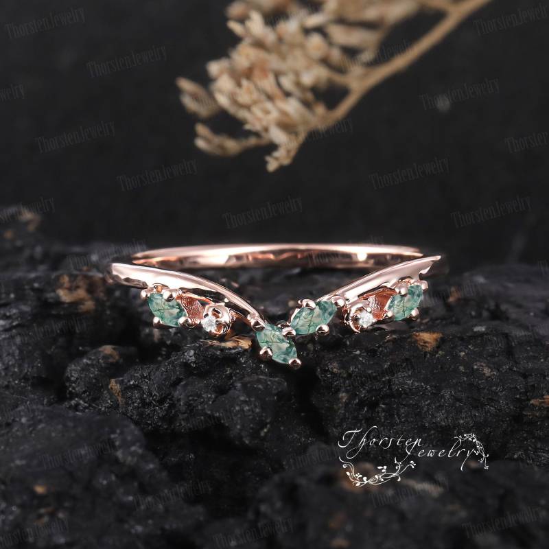 Moss Agate Wedding Ring 14K Rose Gold Marquise Bridal Band Moissanite Round Stacking Promise Anniversary Gifts For Women von ThorstenOpos