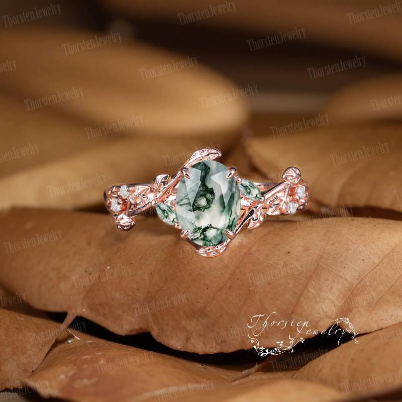 Natural Moss Agate Oval Cut Engagement Ring 14K Rose Gold Bridal Vintage Leaf Promise Cluster Anniversary Gifts For Women von ThorstenOpos